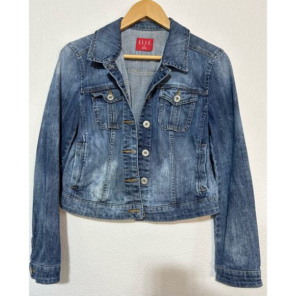 Elle Women Dark Blue Wash Bleach Dyed Button Front Crop Denim Jean Jacket Size S - Picture 1 of 8